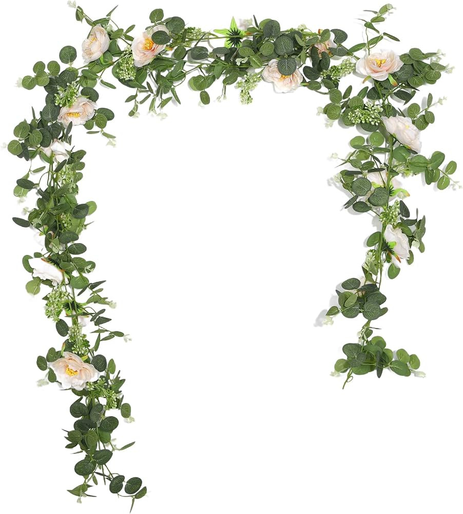 2 Pcs 13Ft Eucalyptus Flower Garland with Fake Rose Flower, Artificial Fake Flowers Greenery Garl... | Amazon (US)