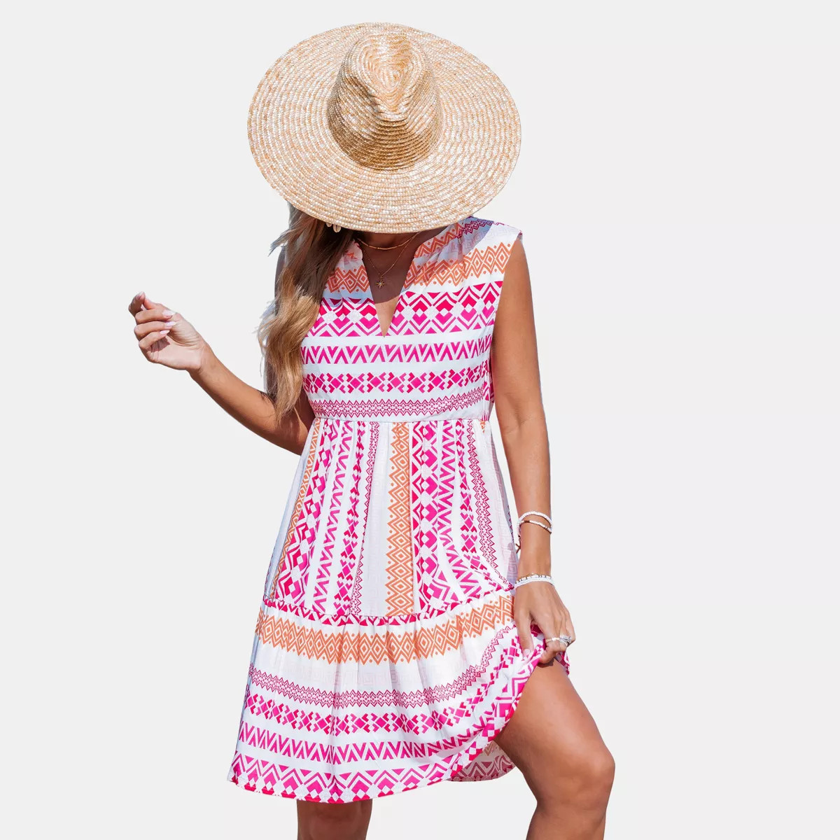 Women's Vibrant Geometric Print Sleeveless Beach Dress - Cupshe-L-Pink | Target