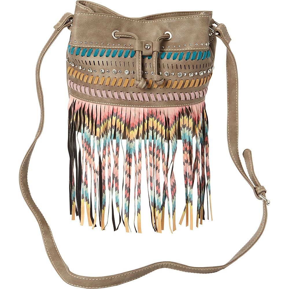 Montana West Fringe Drawstring Bucket Bag Khaki - Montana West Manmade Handbags | eBags