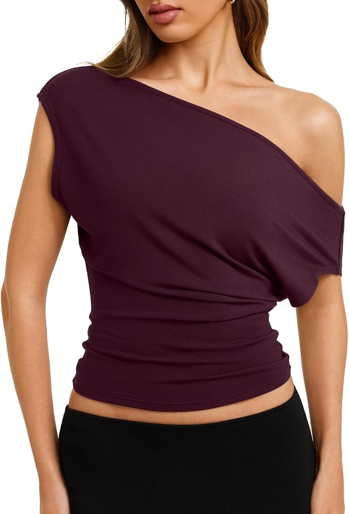 REORIA Womens Cinched Waist Off The Shoulder Tops Y2K Going Out T-Shirts | Amazon (US)