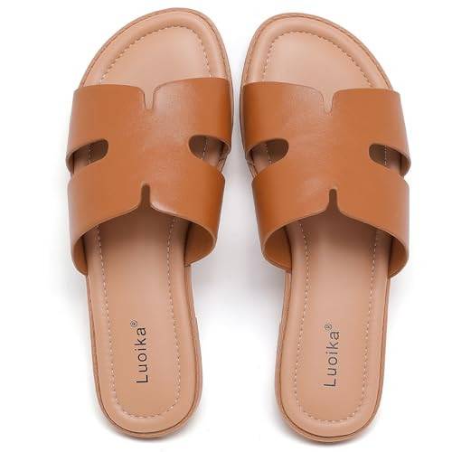 Luoika Women's Wide Width Flat Slides Sandals, Casual Comfortable Strap Sandal Summer Beach Dress Shoes for Women. 250775 Tan 11.5XW | Amazon (US)