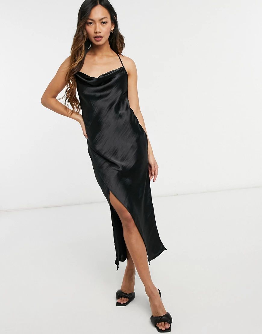 ASOS DESIGN satin slip Dress with strap detail in black | ASOS (Global)