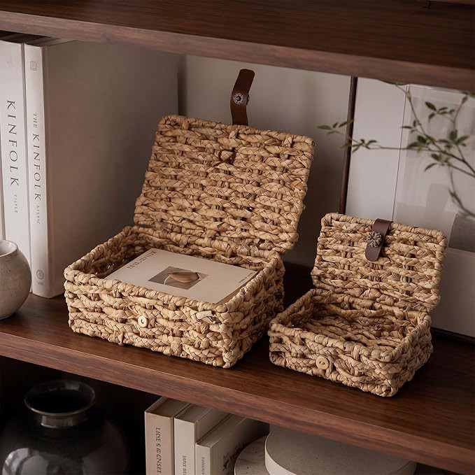Unittype Set of 2 Wicker Storage Basket with Lid Water Hyacinth Decorative Box with Lid Rectangul... | Amazon (US)