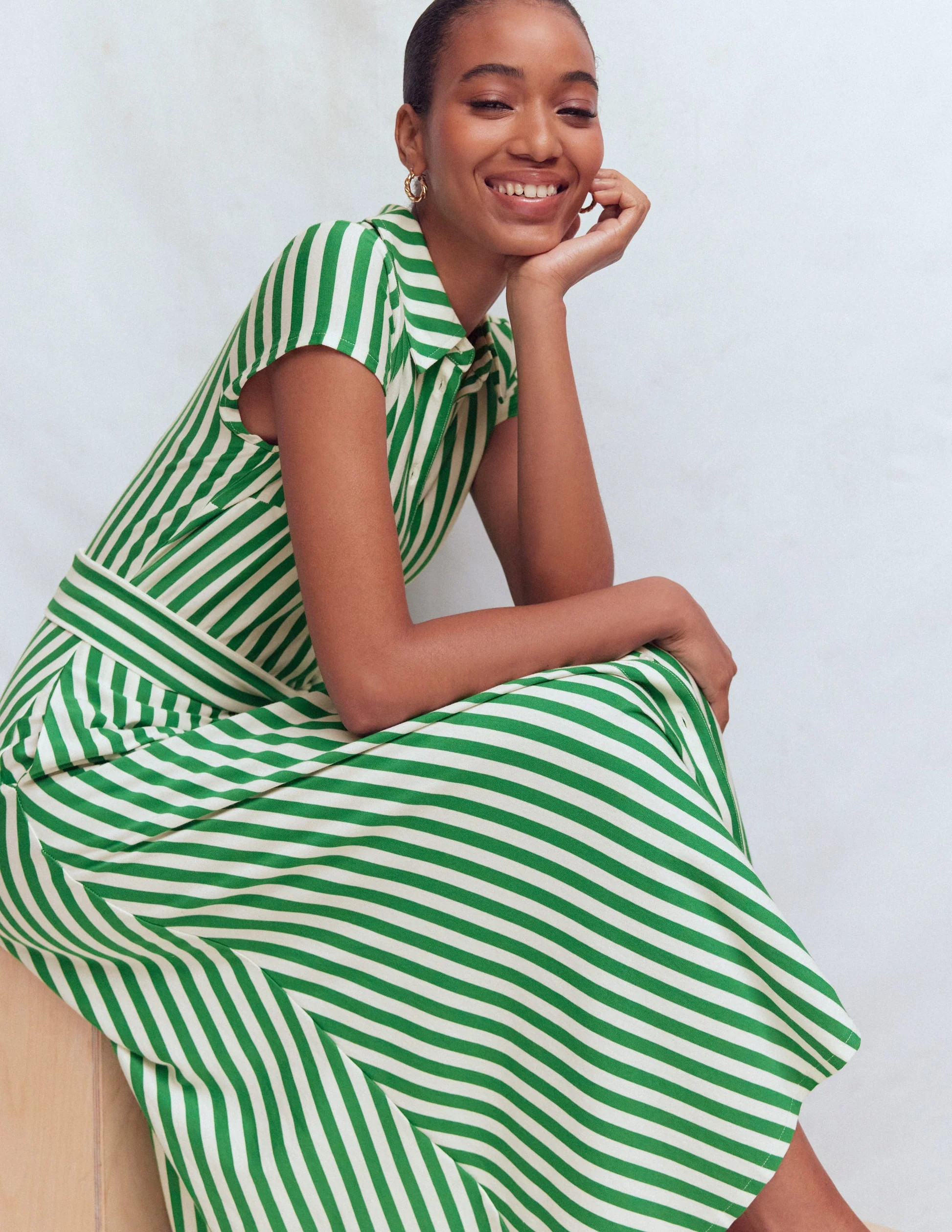 Marcia Jersey Shirt Dress-Green and Ivory Stripe | Boden UK
