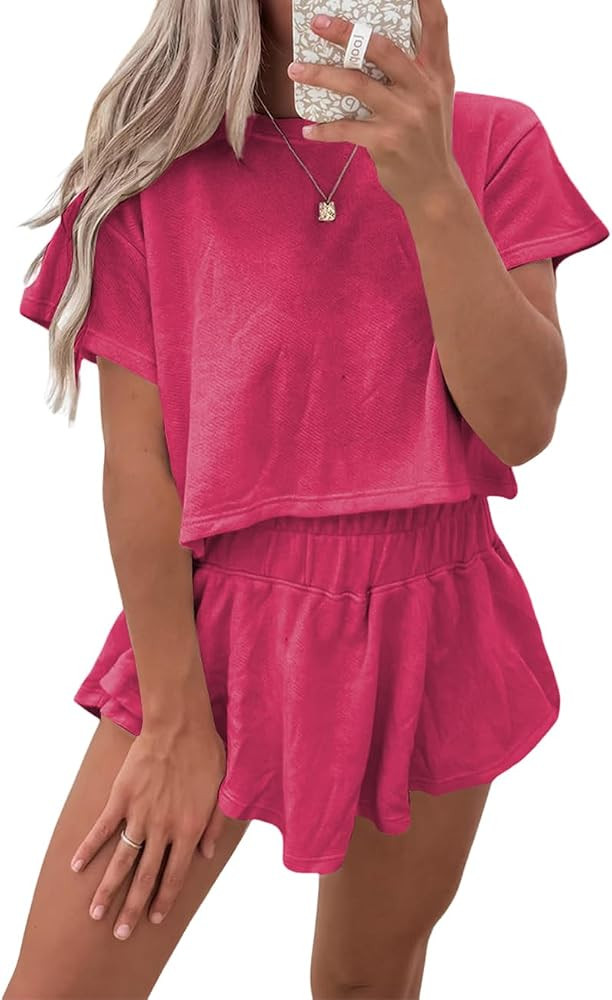 Women's Summer 2 Piece Sets Sweatsuits Casual Cropped Tee and Skort Set Matching Sets Trendy Loun... | Amazon (US)