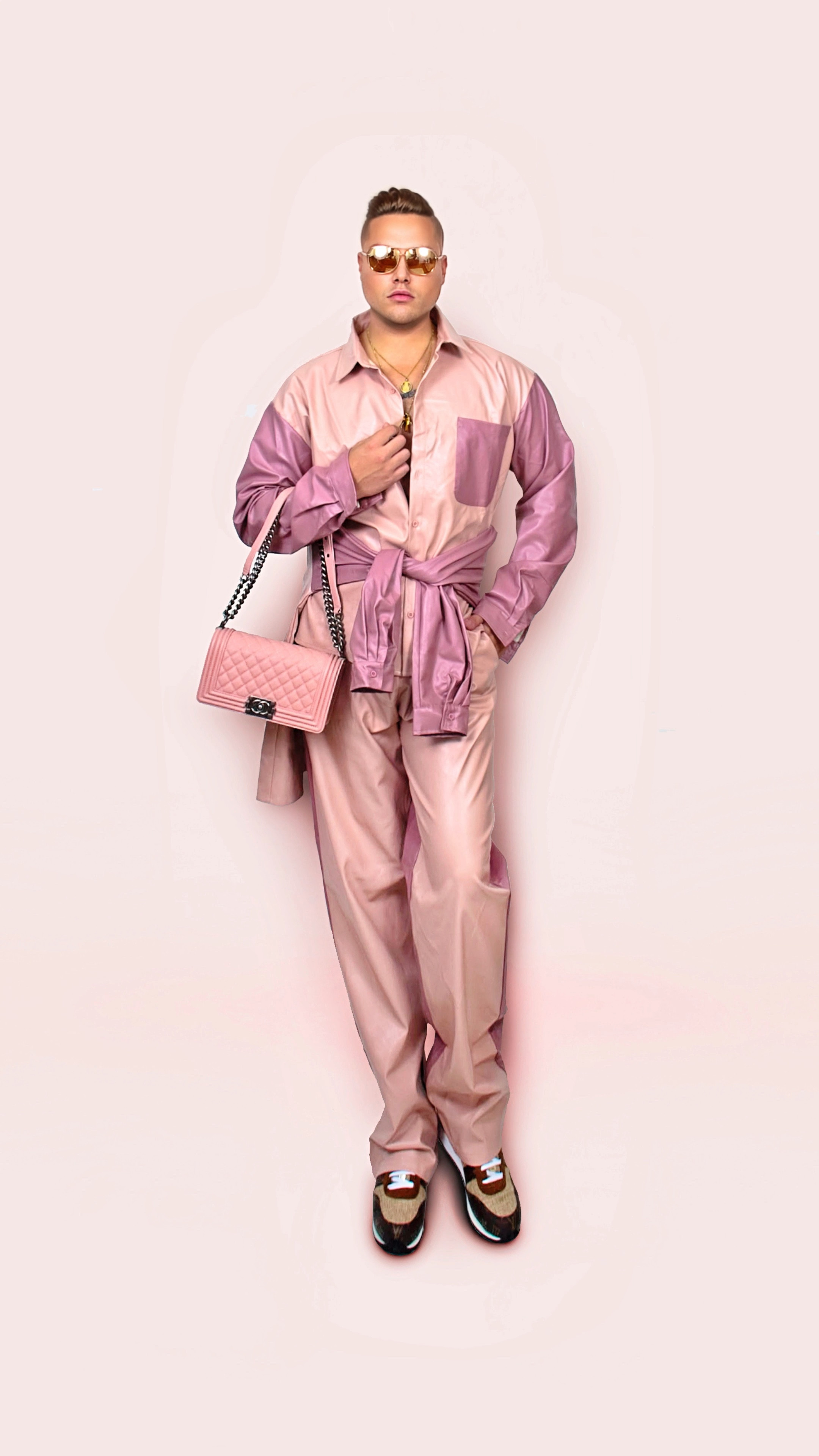 Pink colorblocked look. This faux leather set is super well made and comfy, and also only $35 for the set. I ordered an extra shirt to tie around my waist to print out even more of the color blocking.  

#LTKMens #LTKVideo #LTKFindsUnder50