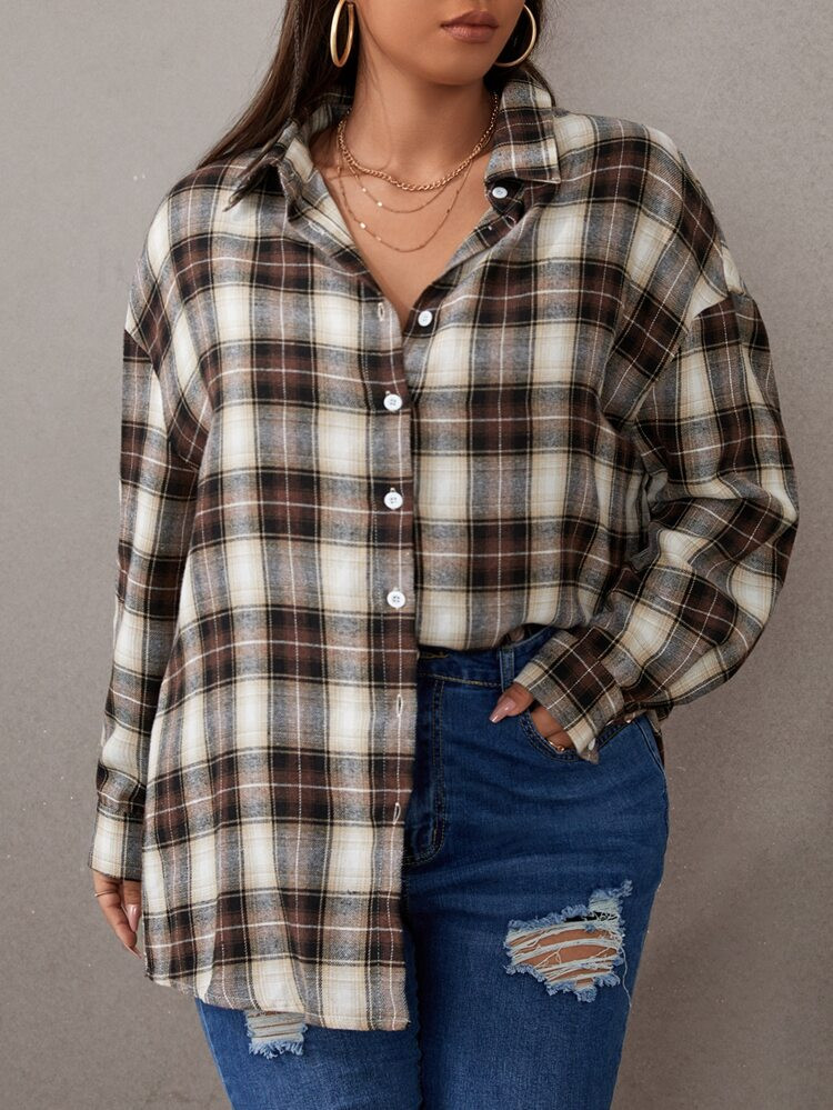 Plus Tartan Drop Shoulder Blouse | SHEIN