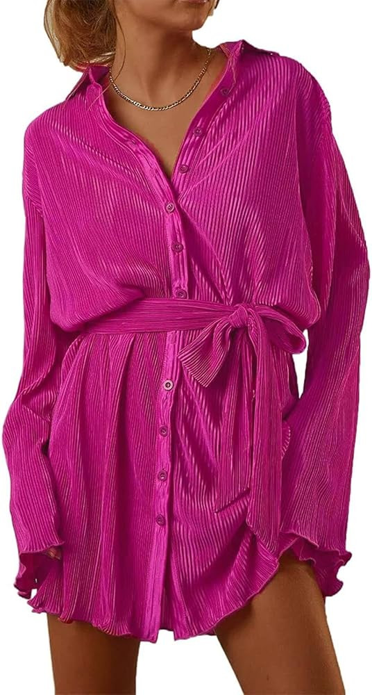Women Shirt Dresses Long Sleeve Pleated Mini Dress Casual Button Down Tunic Tops with Belt Vintag... | Amazon (US)