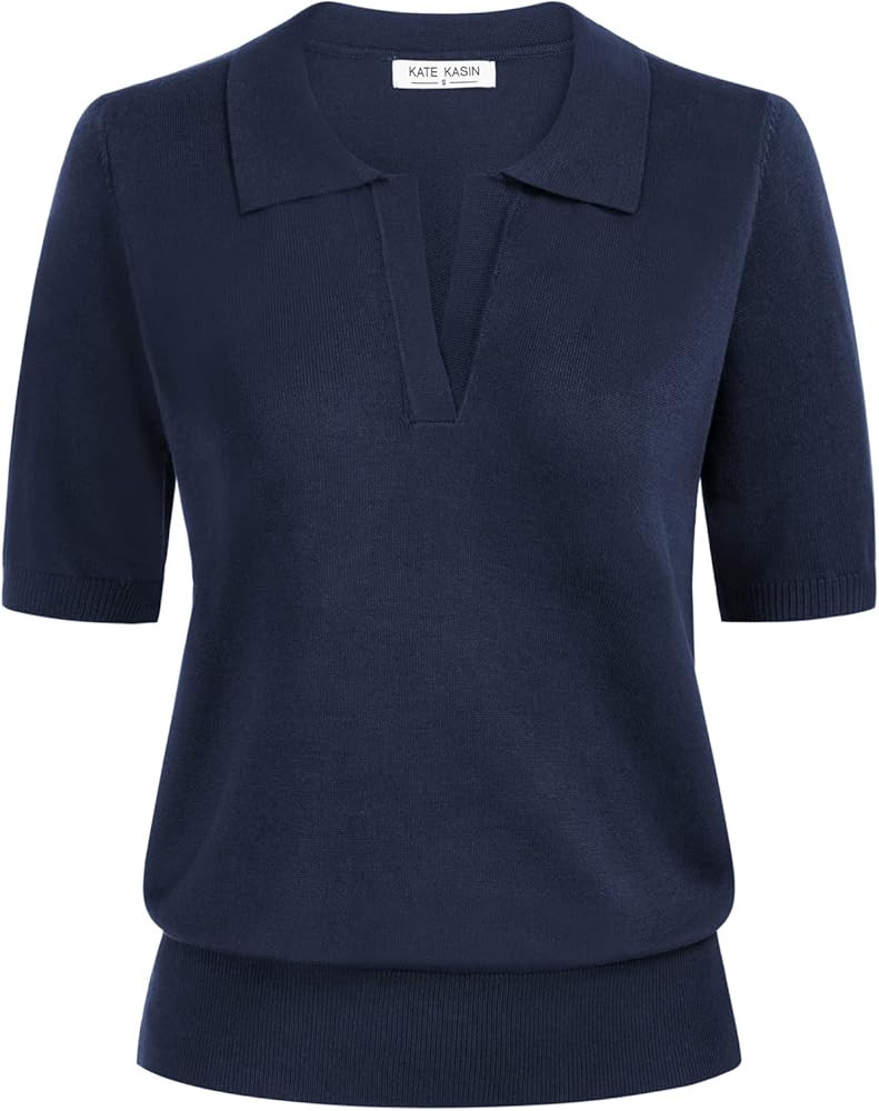 Kate Kasin Women Short Sleeve Polo Sweater V Neck Knitted Tops Casual Ribbed Shirt Loose Pullover... | Amazon (US)