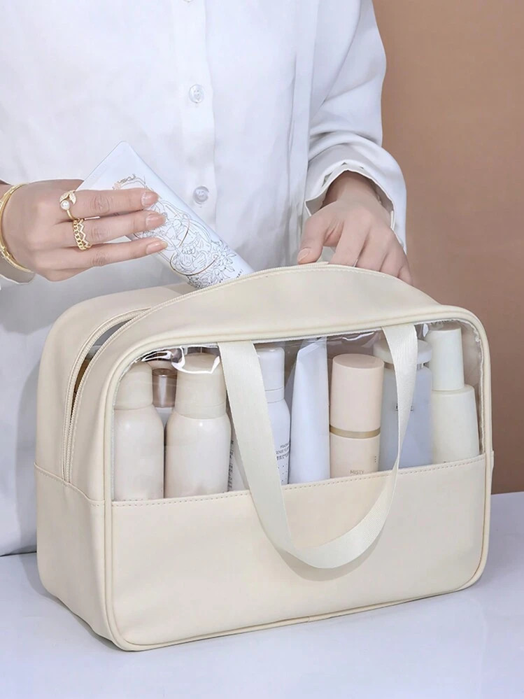 1pc Beige PU Leather Clear Wash Bag With Zipper, Portable Waterproof Organizer Toiletry Travel Bag Large Capacity Multi-Function Transparency PVC Storage Makeup Bag For Bathroom Portable Swimming Fitness Bag Tropical Coastal Vibes Beach Bag For Men And Women Back To School Supplies | SHEIN