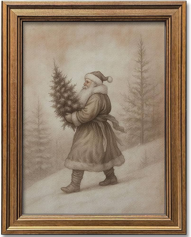 Vintage Christmas Decor Farmhouse Wall Art Gold Framed Rustic Winter Landscape Santa Pictures Pai... | Amazon (US)