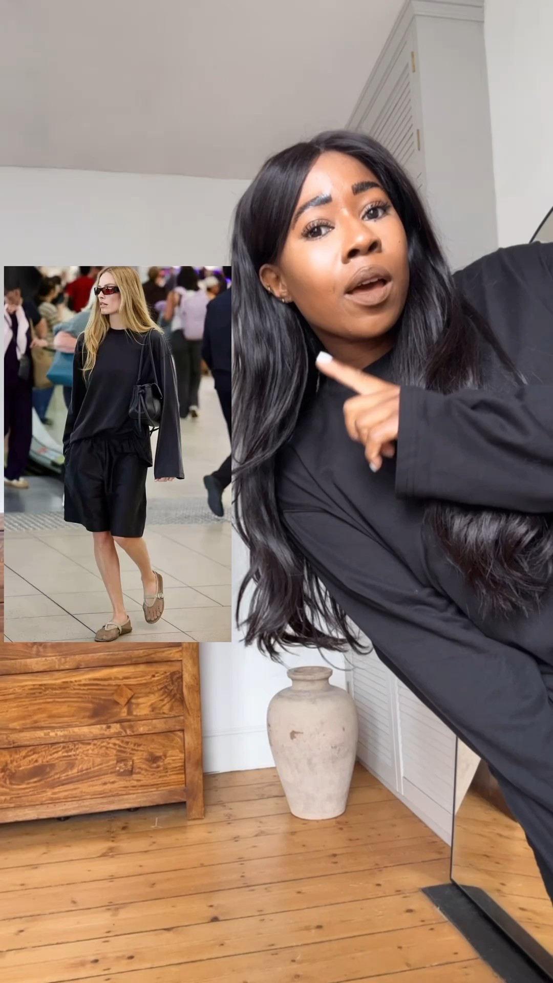 I saved this Margot Robbie look weeks ago & have never been so obsessed with a look that’s so simple, all black and casual. A look that we all can wear! 

I wanted to find the perfect oversized long sleeved top & oversized longer line shorts to recreate this look. The perfect pieces were found. This will be my Spring Summer staple look 🖤