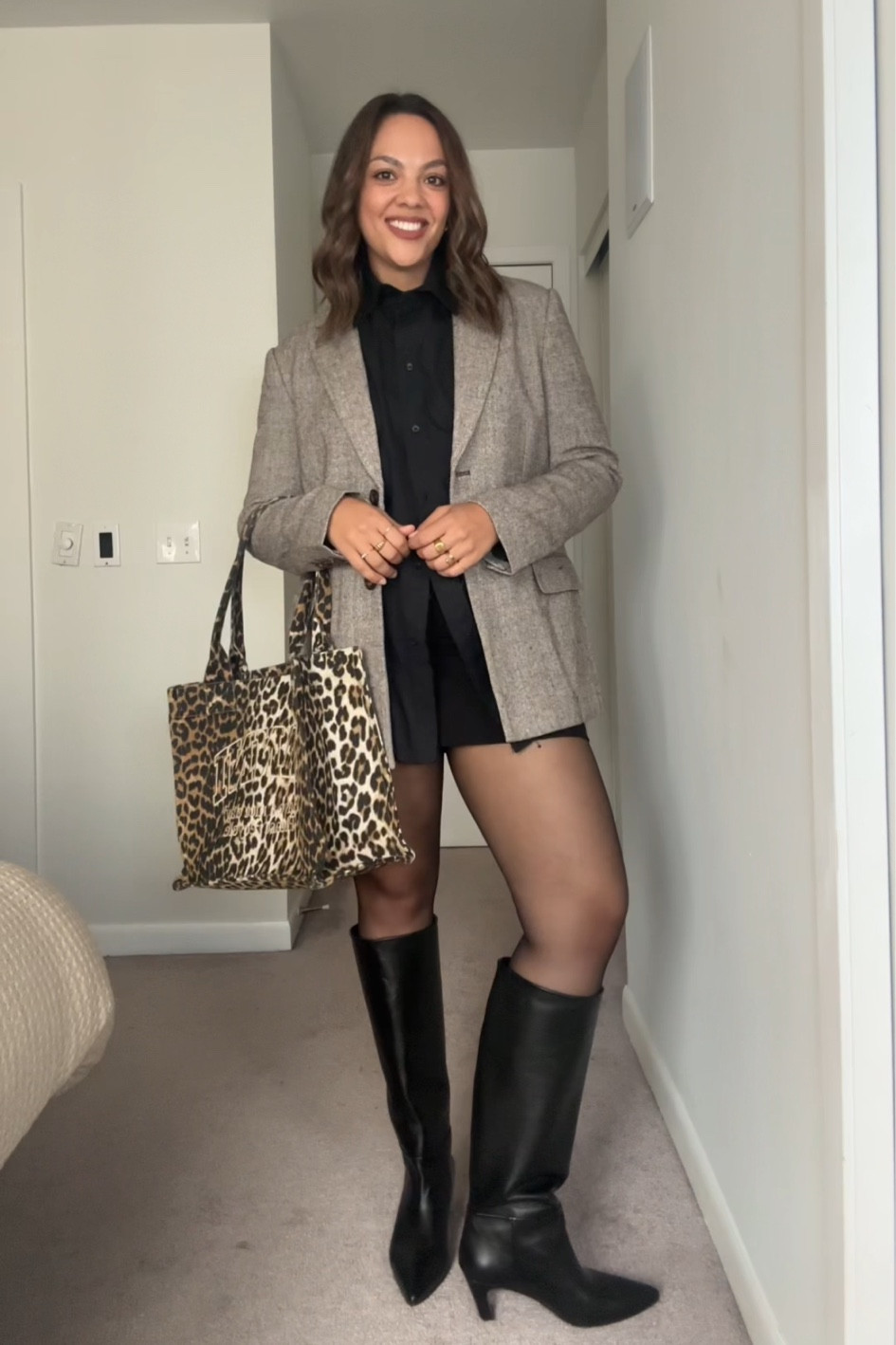Fall outfit idea:
-Reformation herringbone blazer, I have a large. 
-Black mini skirt, similar linked. 
-Black poplin button up shirt, I have a medium. 
-H&M sheer black tights, I have a large. 
-Poppy Barley knee high black leather boots. I have calf width 3. 
-Ganni leopard print tote bag. 


#LTKautumn #LTKcanada #LTKstyletip