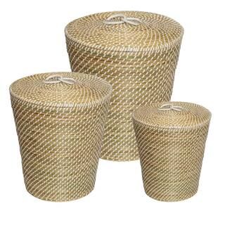 Natural and White Seagrass Accent Tall Basket Set with Lids (Set of 3) | The Home Depot