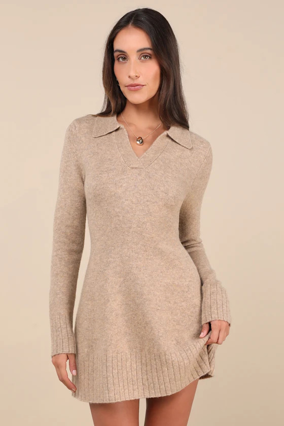 Soft Serenity Heather Taupe Collared Sweater Mini Dress | Lulus