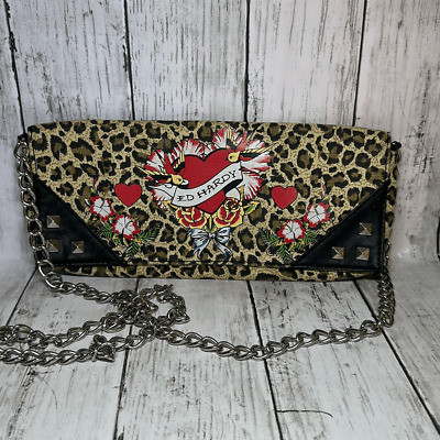 Vintage Ed Hardy Clutch Evening Bag Chain Strap Studs Leopard Print Shoulder Bag  | eBay | eBay US