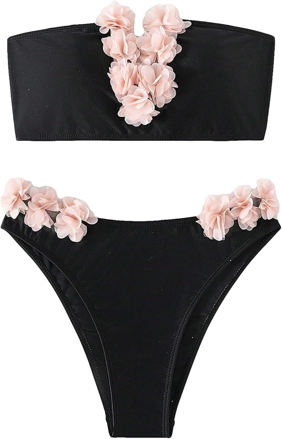 SHENHE Women's 2 Piece Bandeau Bikini Set Strapless Lace Up Appliques Flower Swimsuit | Amazon (US)