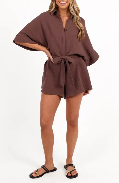 Petal & Pup Jemmy Tie Waist Cotton Gauze Romper in Chocolate Brown at Nordstrom, Size X-Small | Nordstrom