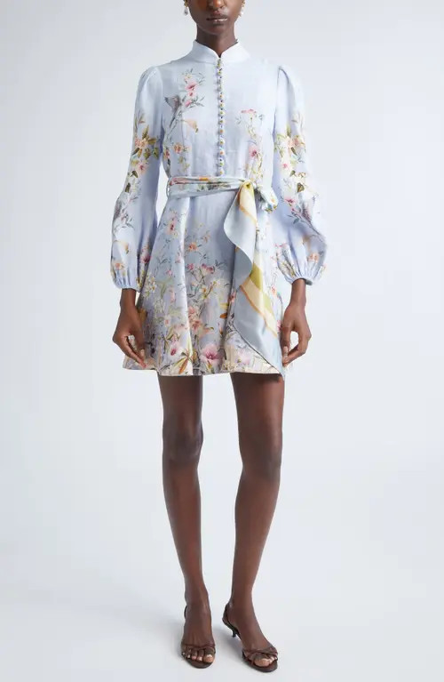 Zimmermann Rebellion Long Sleeve Linen Belted Minidress in Blue Aviary at Nordstrom, Size 1 | Nordstrom