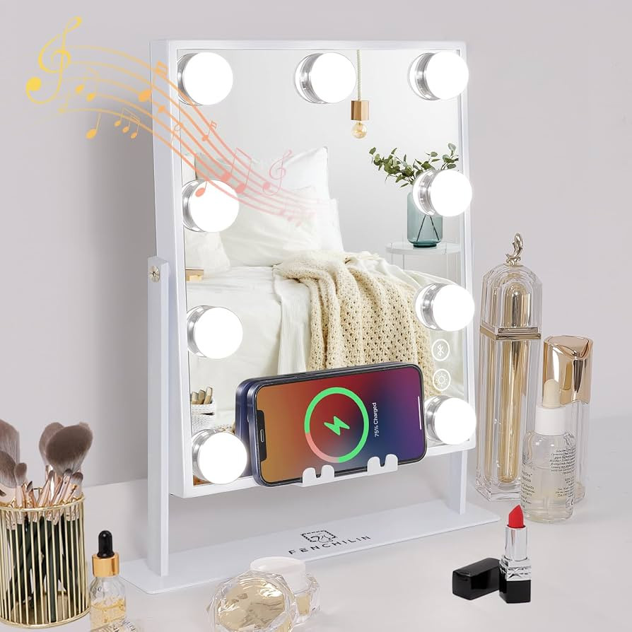 FENCHILIN White Hollywood Vanity Mirror with Lights 9 Dimmable Bulbs Wireless Charger Speaker Mak... | Amazon (US)