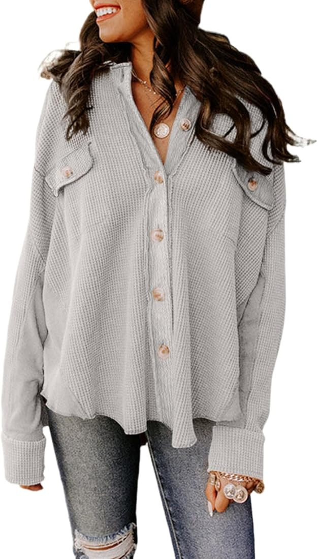 Astylish Womens Waffle Knit Shacket Jacket Casual Long Sleeve Button Down Shirts Outerwear Coat | Amazon (US)