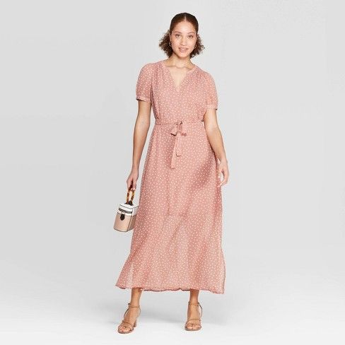 Women's Polka Dot Casual Fit Cap Sleeve Deep V-Neck Chiffon Maxi Dress - A New Day™ Dark Pink | Target