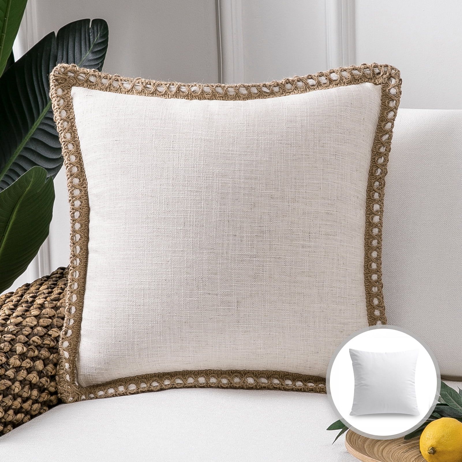 Phantoscope Linen Trimmed Farmhouse Series Decorative Throw Pillow, 18" x 18", Off White, 1 Pack | Walmart (US)