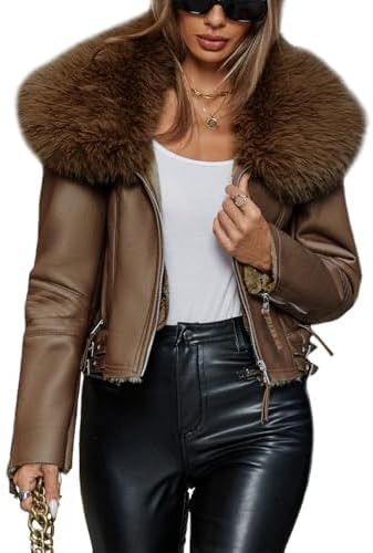 Bellivera Women's Faux Leather Jacket Moto Biker Sherpa-Lined Coat with Removable Fur Collar | Amazon (US)