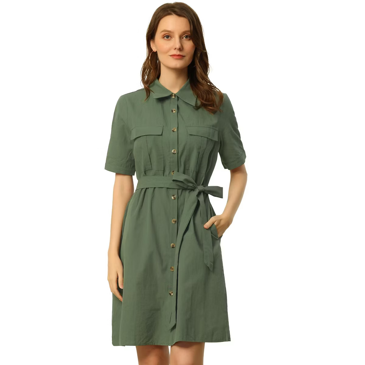 Allegra K Women's Safari Dress Collared Button Down Cotton Belted Shirtdress | Target
