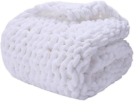 Chunky Knit Throw Blanket Chenille Handmade Cozy Warm Blanket for Sofa Bedroom Home Decor (White,50" | Amazon (US)