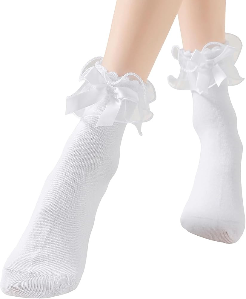 Lace Ruffle Frilly Socks for Women, Comfortable Cotton Cute Lace Ankle Socks with Bow | Amazon (US)