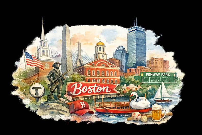 Boston Watercolor PNG | Boston Massachusetts Digital Download | Fenway Park Skyline Art | Travel ... | Etsy (Global)