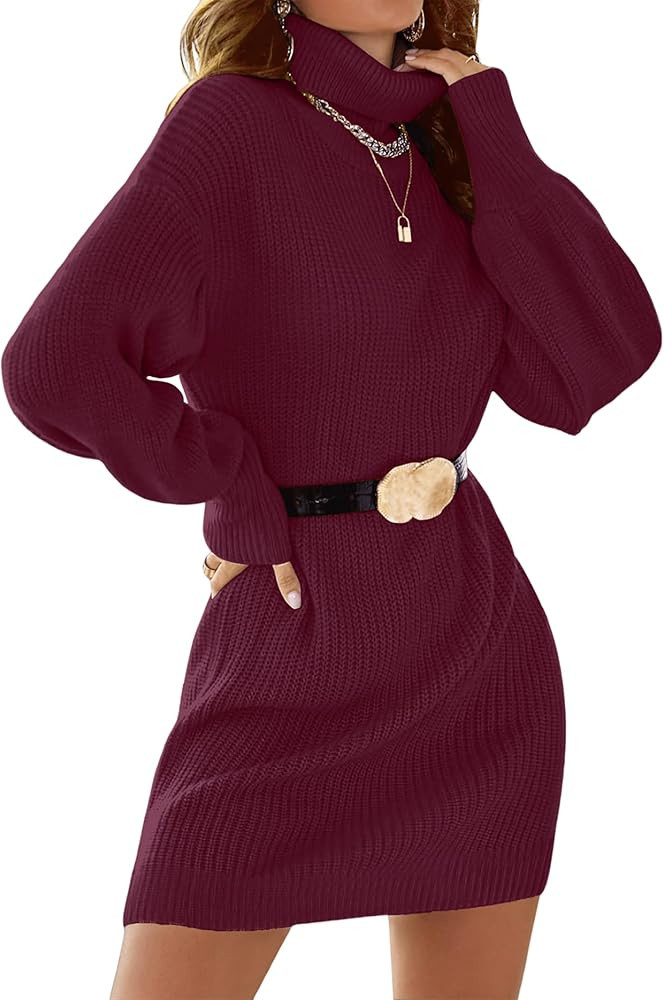 SunnyMelody Womens Turtleneck Sweater Dress Fall Winter 2025 Trendy Long Lantern Sleeve Casual Kn... | Amazon (US)
