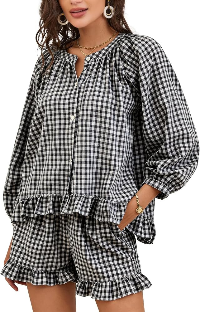 Flygo Womens Gingham 2 Piece Pajama Sets Y2K Cotton Ruffle Short Sets | Amazon (US)