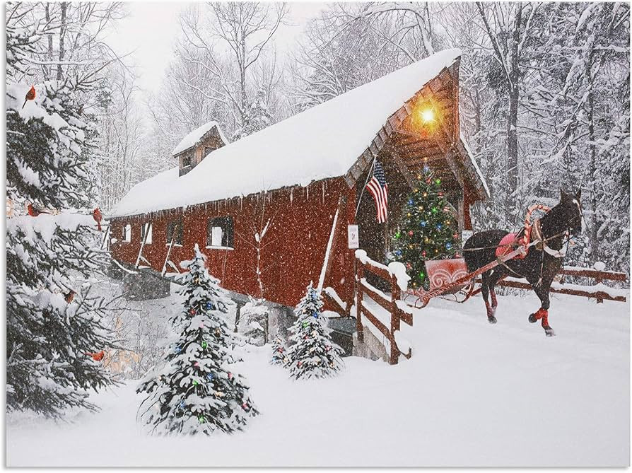 BANBERRY DESIGNS Lighted Christmas Wall Art - LED Red Covered Bridge and Horse Christmas Picture ... | Amazon (US)