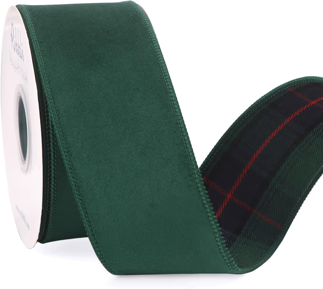 Ribbli Green Velvet Wired Ribbon with Blue Green Tartan Plaid Reversible 2.5 Inch Christmas Ribbo... | Amazon (US)
