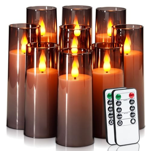 Amagic Grey Flameless Candles 9 Set, Battery Operated Candles with Remote Control and Timer, Flickering LED Pillar Candles for Home Halloween Decor, 3D Wick, Warm Yellow Light, D2.2 xH5 6" 7" | Amazon (US)