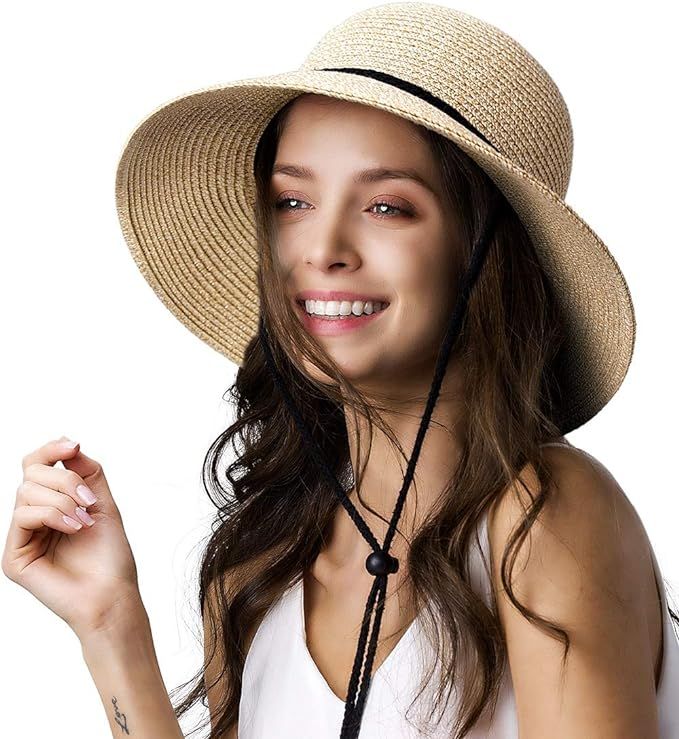 Womens Wide Brim Sun Hat with Wind Lanyard UPF Summer Straw Sun Hats for Women | Amazon (US)