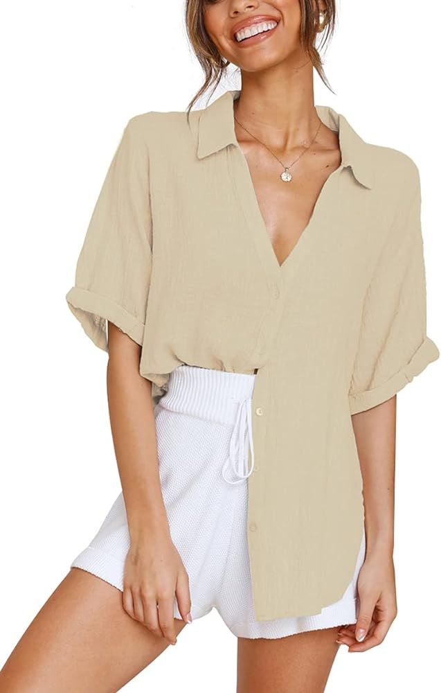 LOMON Womens Short Sleeve Button Down Shirts Cotton Linen Collared V Neck Tops Blouses Business C... | Amazon (US)