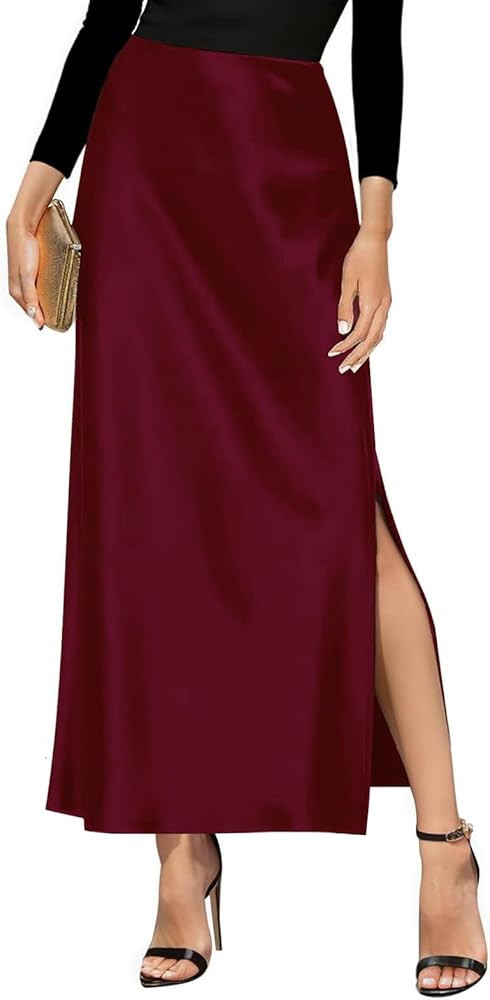 Women's Satin High Waisted Side Split Maxi Skirt Elastic Waistband Long Silk Skirts for Women | Amazon (US)