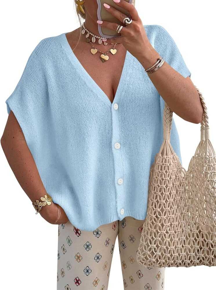 PRETTYGARDEN Womens 2026 Spring Oversized Cardigans Batwing Short Sleeve Lightweight Button V Nec... | Amazon (US)