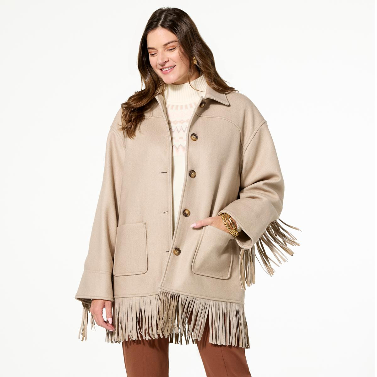 TWRHLL by Christie Brinkley Brushed Faux Melton Jacket with Fringe | HSN