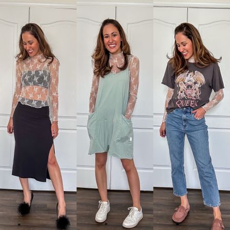 Spring to summer transition outfits with lace top under $30! 

Date night outfit // summer outfit // band t shirt outfit // white and black outfit // free people jumpsuit // Abercrombie ankle straight jeans 

#LTKFindsUnder50 #LTKFestival #LTKStyleTip