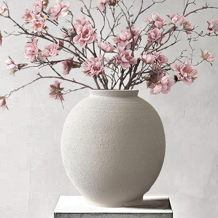 Large White Ceramic Vase Home Decor, Round Rustic Table Vases Farmhouse Living Room Entrway Kitch... | Amazon (US)