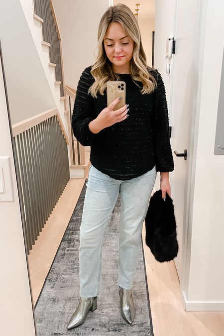 Casual Holiday Party Outfit 🖤✨

Straight leg jeans with stretch — true to size and under $50. Obsessed!
Sparkly tinsel top is old Sail to Sable, but linked some similar options!
Silver booties - true to size; use code LTD2236 for 20% off!
Faux fur handbag is old J.Crew - linked similar.

#LTKHoliday #LTKshoecrush #LTKworkwear