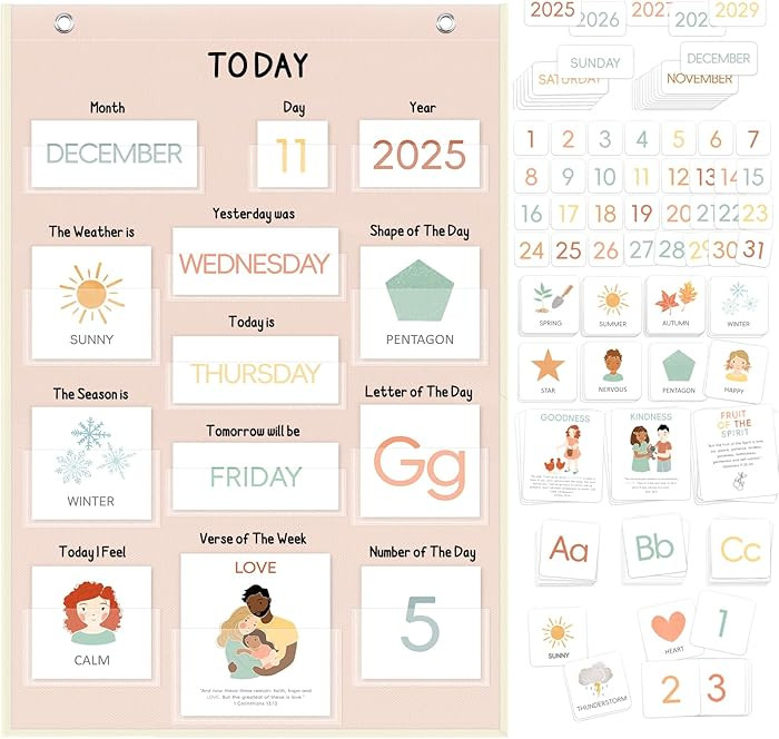 All About Today Calendar and Weather Pocket Chart, 21½" x 14¼" Small Boho Calendar for Kids, Pr... | Amazon (US)