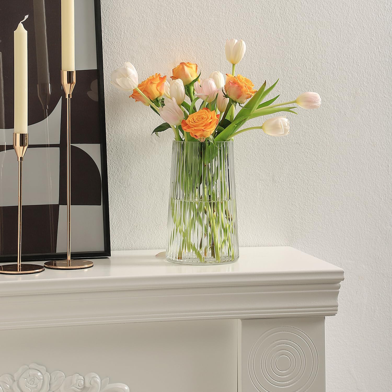 Clear Glass Vase for Flower, Flower Vase for Bouquet, Modern Glass Vases, Ribbed Vases for Living... | Amazon (US)