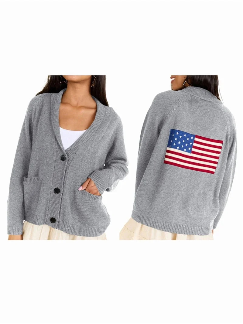 Flag Print Cardigan Casual Loose Long Sleeve V-Neck European and American Sweater Chunky Cardigan... | Walmart (US)