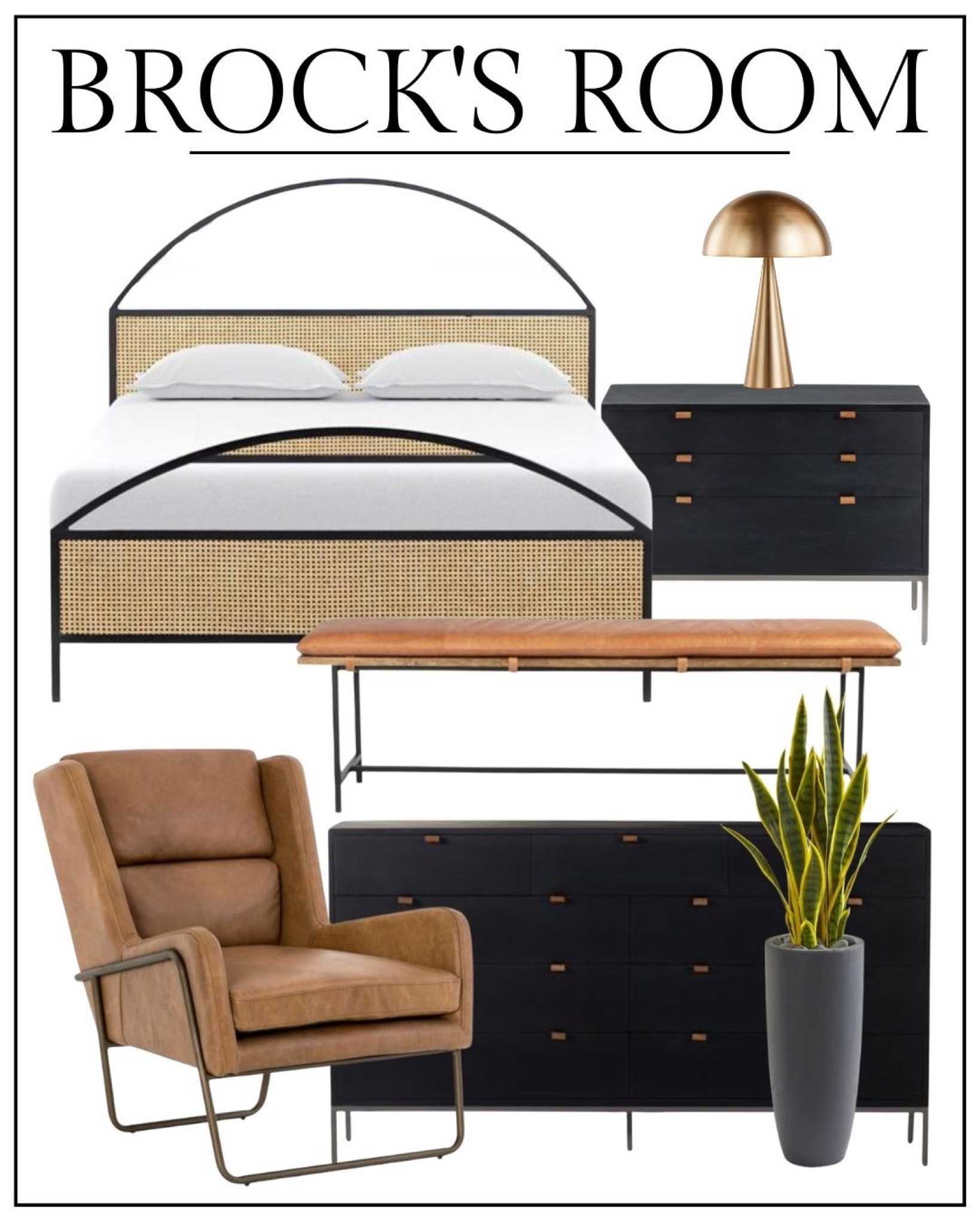 Black night stand, black dresser, leather side chair, leather bench with metal legs, and black iron bed frame with wicker linked from Kathy Kuo Home. 3’ Sansevieria Artificial Snake Plant in gray bullet planter linked from Nearly Naturals. Lachlin Brass Table Lamp linked from Crate and Barrel. 

#LTKFind #LTKstyletip #LTKhome