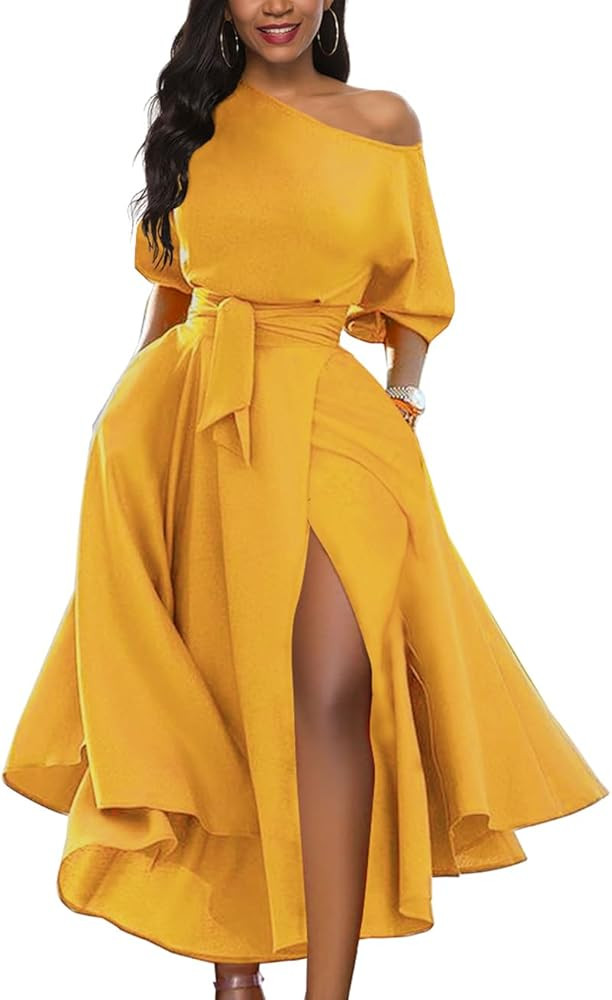 Women’s Elegant Off Shoulder Short Sleeve Belted Side Slit Cocktail Party Swing Dress with Pock... | Amazon (US)